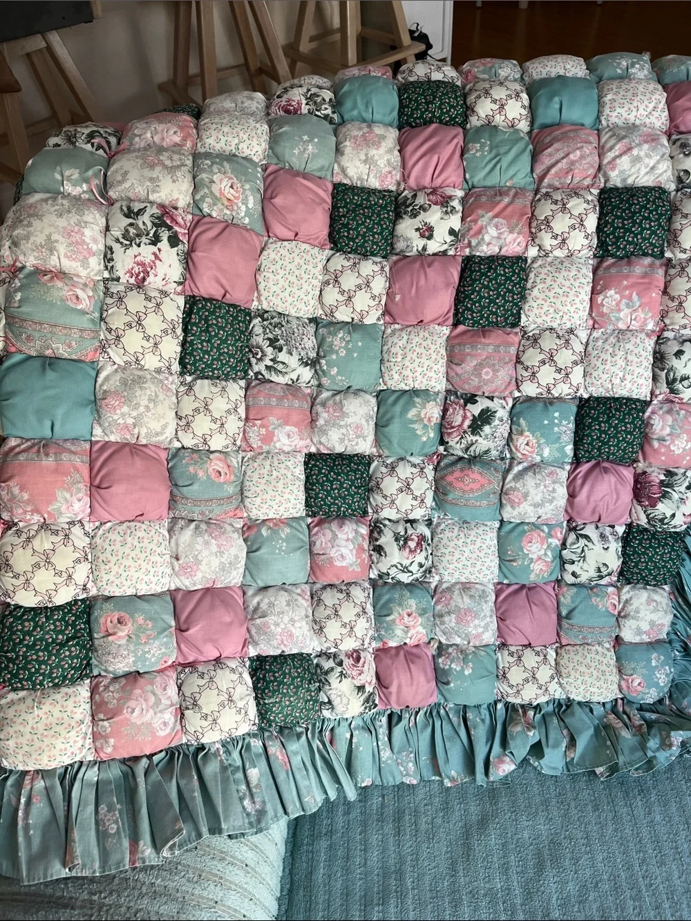Handmade Pink & Teal Puff Quilt - Floral Patchwork